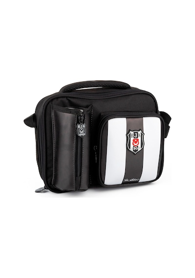 Beşiktaş Çubuk Desenli Siyah Beyaz Okul Beslenme Çantası - Suni Deri Ön Yüz - 25358 Beyaz - Siyah