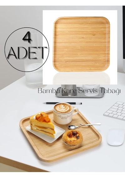 4 Adet Bambu Kare Servis Tabağı, Sunum Seti 20x20 Cm Kahverengi