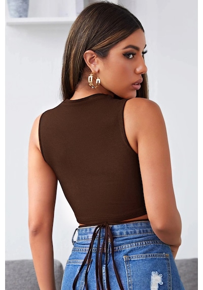 Moon Wear Kadın Kahverengi Çapraz Bağlamalı Crop Top Büstiyer Kahverengi