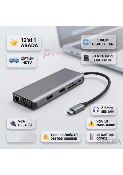 Type-c 12 İn 1 Çoklayıcı Hub Çift 4k Hdmı Vga Gigabit Lan Usb 3.0 Görüntü Destekli Cihazlarla Uyumlu Çoklu Ekran Ve Veri Adaptörü Cr92