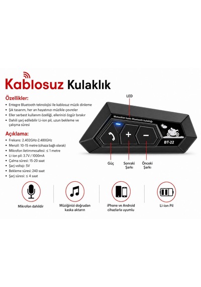 Bt22 Motorsiklet Kaskı İntercom Bluetooth Kulaklık Su Geçirmez Mikrofon Dahil Her Kask Tipine Uygun Bluetooth 5.0 Müzik Mikrofon Çağrı