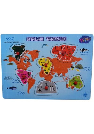 Kıtaları Tanıyalım +1 Yaş Ahşap Tutmalı Puzzle