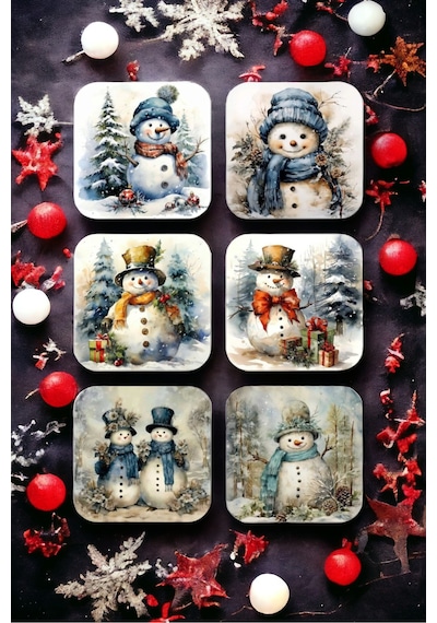 Kardan Adam Mutlu Yıllar - Yılbaşı - Yeni Yıl - Merry Christmas Ahşap Bardak Altlığı Seti 6 Adet Ahşap