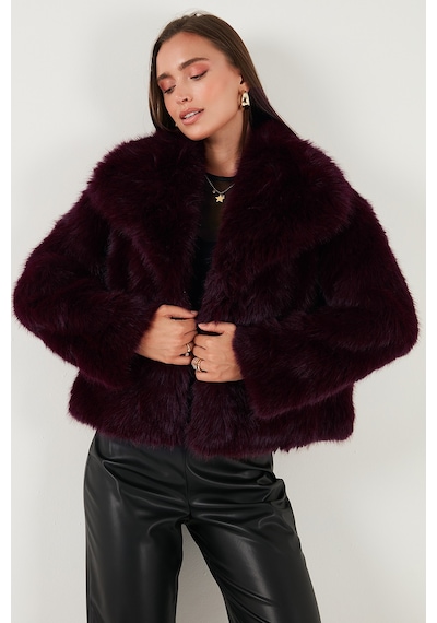 Lela Oversize Fit Gömlek Yaka Cepli Astarlı  Mont Bayan Kürk 497Berry Bordo