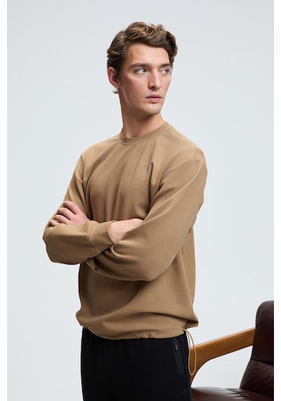 Grimelange EDMUND Erkek Kolu Baskılı Eteği Lastik ve Stoperli Bisiklet Yaka Vizon Sweatshirt
