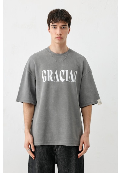 Vamos Oversize Baskılı Tişört V70-143 Füme