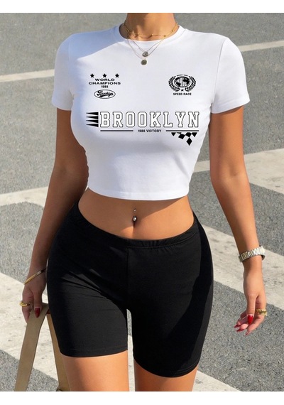 Tarzsokak Yaz Brooklyn Hız Yarışı Baskılı Kırpma Üstleri Ve Şortlar Kadın Seksi İki Parçalı Set Tişörtl Beyaz