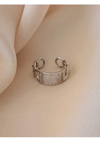 Gurmet Zincir Model Zirkon Taşlı Ayarlanabilir Silver Gümüş Renk Yüzük Silver