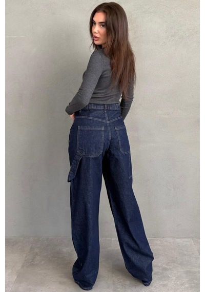 Koyu Lacivert Kargo Kemer Detaylı Baggy Kadın Jean Mg2874