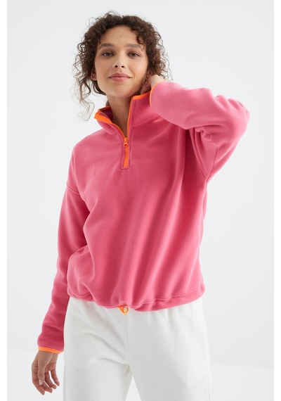 Tommy Life Şeker Pembe Yarım Fermuar Etek Ucu Büzgülü Dik Yaka Oversize Kadın Polar Sweatshirt - 97234 Şeker Pembe