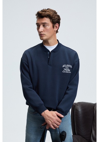 Grimelange JETHRO Erkek Bomber Yaka Patlı Düğmeli Göğsü Nakışlı Relaxed Fit Lacivert Sweatshirt