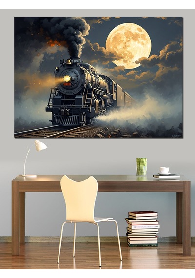 Gece Yolunda Buhar Saçan Tren Dekoratif Kanvas - Mdf Ahşap Tablo