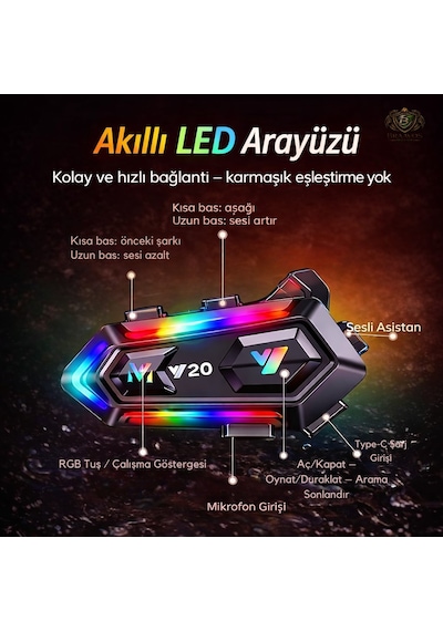 Y20 5.3 Motosiklet Kask Kulaklık Intercom Işıklı Motorsiklet Interkom