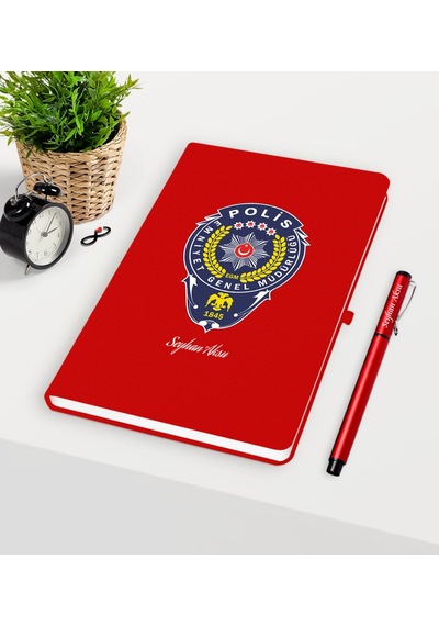 Kişiye Özel Polis Temalı Kırmızı Defter Kalem Seti - 2 Kırmızı