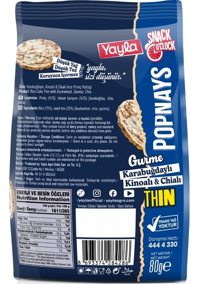 Yayla Popnays Gurme Karabuğday Kinoa Ve Chialı İnce Pirinç Patlağı 80 G X10