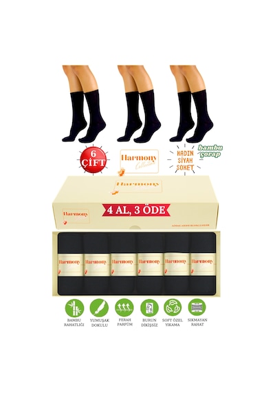 Harmony Collectıon Bambu Kadın Siyah Uzun Soket Çorap 6 Çift Özel Kutulu, Burun Dikişsiz, Premıum Socks