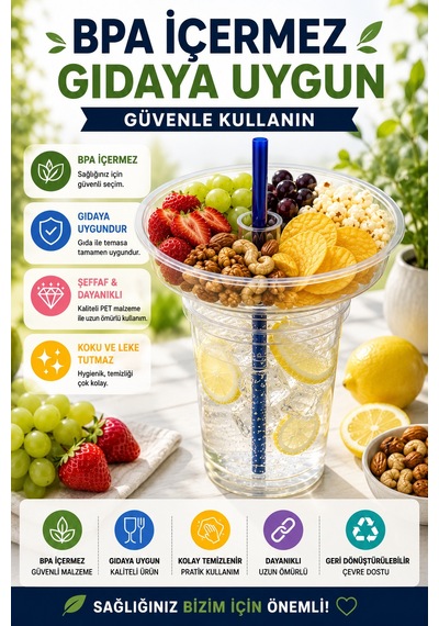 5'li Set Atıştırmalık Hazneli Bardak 350 Ml Pipetli Pet Piknik Sinema Parti İçecek Bardağı Seti 17 Cm Şeffaf