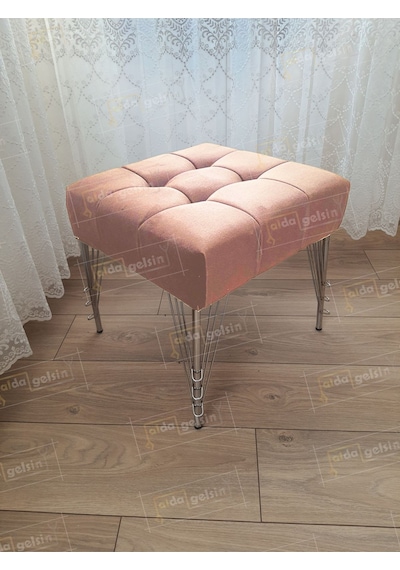 Modern Dilim Puf Ayakucu Puf Gümüş Metal Ayak 45 45 Vizon