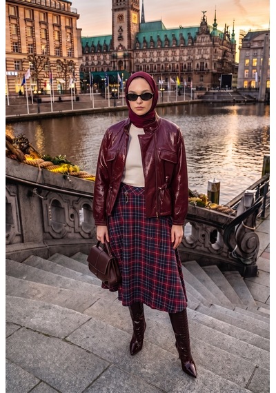 Avenna Yüksek Bel Ekose Desenli Uzun Etek 92 Cm Boy Bordo 26kt112