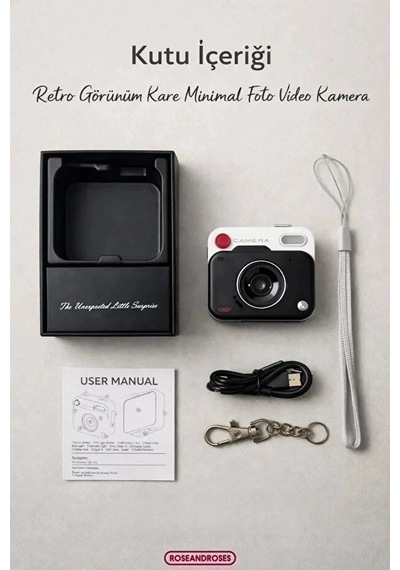 Nostaljik Tasarımı Retro Görünüm Kare Mini Foto Video Kamera 1080p Full Hd 32gb Kart li