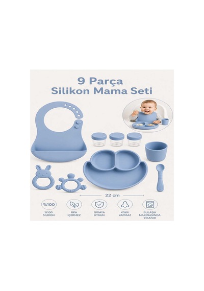 9 Parça Mama Seti %100 Silikon Bpa İçermez Ek Gıdaya Uygun Turkuaz