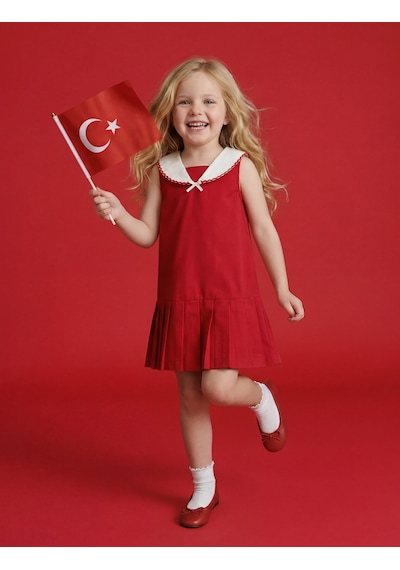 Koton Pamuklu Kolsuz Bebe Yaka A Kesim Pileli Elbise Kırmızı 6smg80090aw