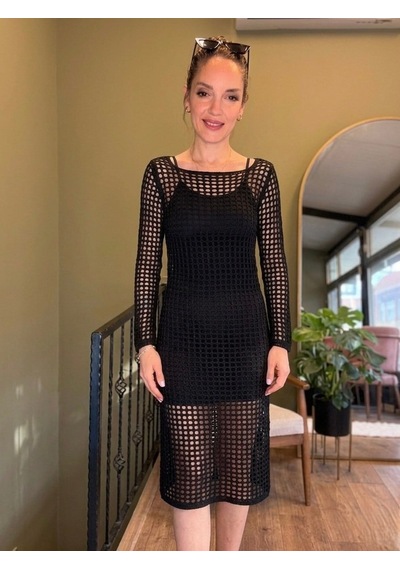 Ali Butik Siyah Uzun Kollu File Örgü Crochet Elbise