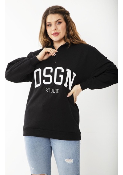 Şans Kadın Büyük Beden Siyah İçi Şardonlu Ön Pat Fermuarlı Nakışlı Sweatshirt 65n37207-siyah Siyah