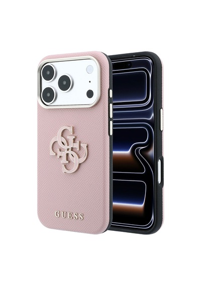 Apple iPhone 18 Pro Uyumlu Kılıf Guess  Lisanslı Yazı Ve 4g Büyük Resin Logolu Pu Kapak Pembe