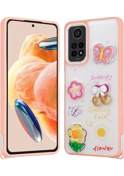 Xiaomi Redmi Note 12 Pro 4g Kılıf Parlayan Simli Kabartma Figürlü Zore Cevze Kapak Pembe