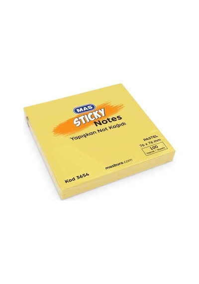 Mas Yapışkanlı Not Kağıdı 100 Sayfa 76X76Mm Pastel Sarı 3654 (12