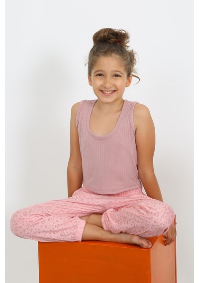 Akbeniz Kız Çocuk Sıfır Kol Gül Kurusu Penye Pijama Takım 20433 Gülkurusu