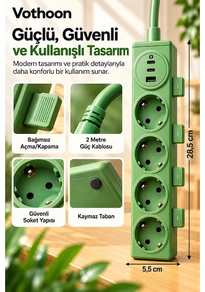 Vothoon 4 Lü Akıllı Priz Tek Dokunuşla Fiş Çıkarma 2 Metre Kablo 2 Type-c + Usb 15w Hızlı Şarj 3680w 0