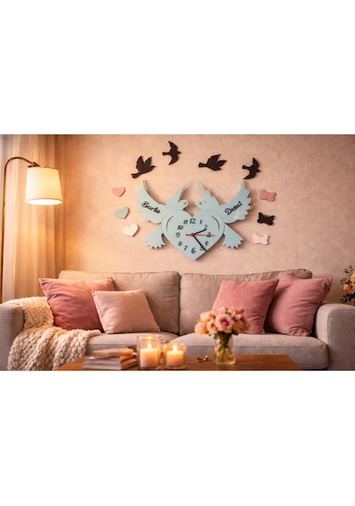 Salon Oturma Odası İçin Şık Kuş Saati Kişiye Özel No10037 Mavi