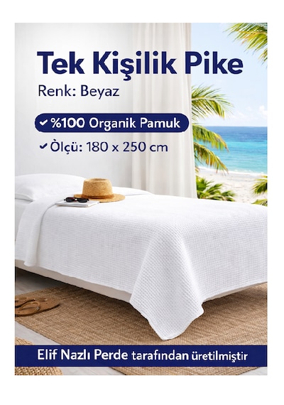 Tek Kişilik Pike -%100 Organik Pamuk-dört Mevsim Kullanım İçin - Beyaz Beyaz