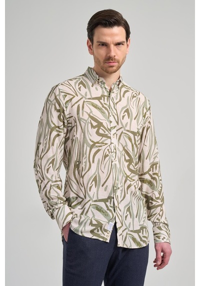 İmza Koyu Haki Uzun Kol Baskılı Bez Ayağı Düğmeli Yaka Cepsiz Casual Slim Fit Gömlek 1004250138 720 Koyu Haki