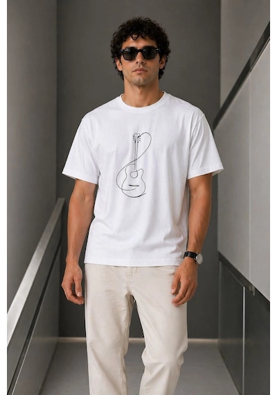 Barlashive Erkek Minimal Gitar Baskılı Tişört T-shirt Yazlık Kısa Kol Bisiklet Yaka T-shirt - Beyaz Çok Renkli