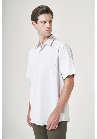 İmza Beyaz-bej Sert Yaka Kısa Kol Cepli Comfort Fit Pamuklu Gömlek 1004260189 Beyaz - K.bej