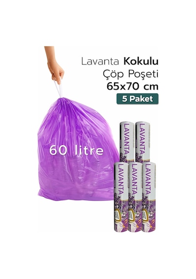 5 Paket Çok Avantaj Paket Mega Boy Lavanta Kokulu Büzgülü Çöp Poşeti 50 Adet Çöp Torbası 60 Lt