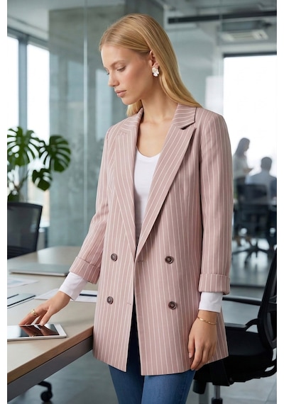 Armonika Kadın Bej Oversize Duble Kol Kruvaze Yaka Astarlı Blazer Ceket Arm-26k001052