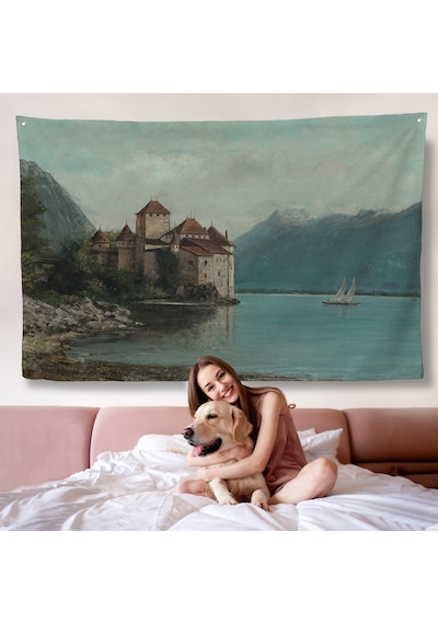 Gustave Courbet - Cenevre Gölü'ndeki Chillon Kalesi Duvar Örtüsü-7094