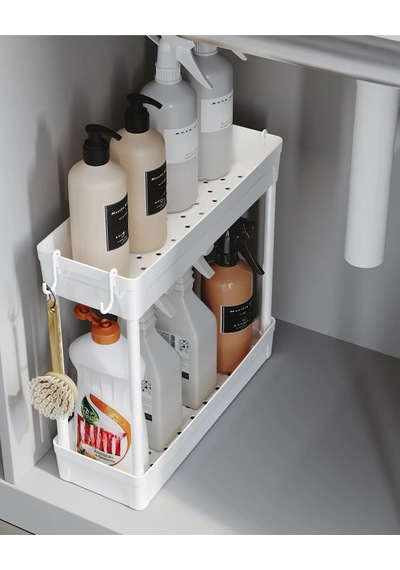 Rafata Çok Amaçlı 2 Katlı Evye Altı Düzenleyici Askılı Banyo Dolap İçi Organizeri Rafı Standı Plasti Diğer