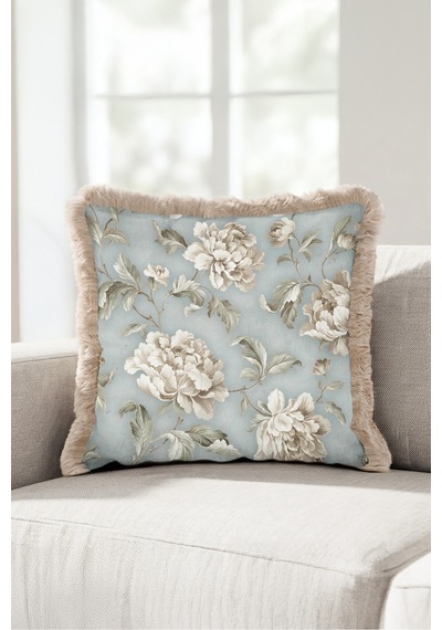 Çiçek Vintage Şakayık Saçaklı Yastık Kılıfı - Romantik Floral Vizon Krem Püsküllü Kırlent Kılıfı Haki