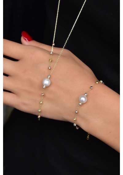 Papatya Silver 925 Ayar Gümüş Üç Renk Dorika Toplu Incili Kolye Bileklik Set