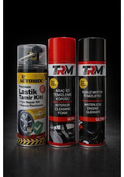 Lastik Tamir Kiti + Araç İçi Temizleme Köpüğü + Susuz Motor Temizleyici 3 Lü Bakım Seti