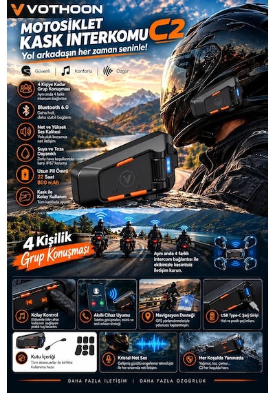 C2 4 Kişi Eşleşmeli Motosiklet Kask Kulaklığı İntercom Su Geçirmez Bt 6.0