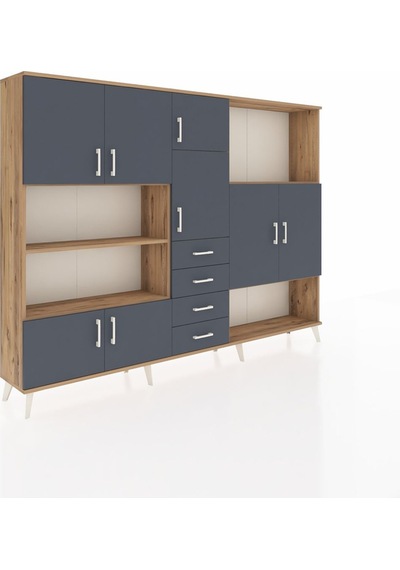 Arges Dolap 10 Raflı 4 Çekmeceli 8 Kapaklı 220x30x163 Çam-antrasi Çam-antrasit
