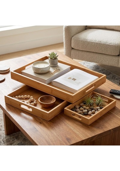 Deinhaus Bambu Servis Tepsisi Seti, Doğal Ahşap, 3'lü Set, Küçük-orta-büyük, Kahvaltı Ve Sunum İçin