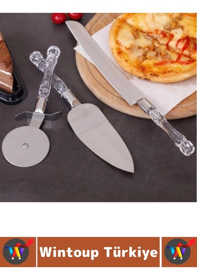 Premium Mutfak Pizza Börek Tatlı Düğün Pastası Kesme Sunum Şık Şeffaf Sap Detayı 3 Parça Servis Seti Çok Renkli