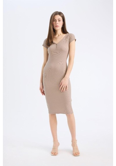 DeFacto Bodycon Vücudu Saran V Yaka Fitilli Kaşkorse Kısa Kollu Midi Elbise E7368AX25SPBG73